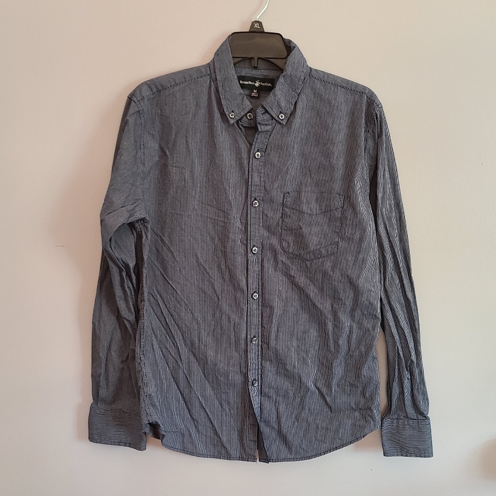 Beverly Hills Polo Club Mens Dark blue and white pin stripe button down